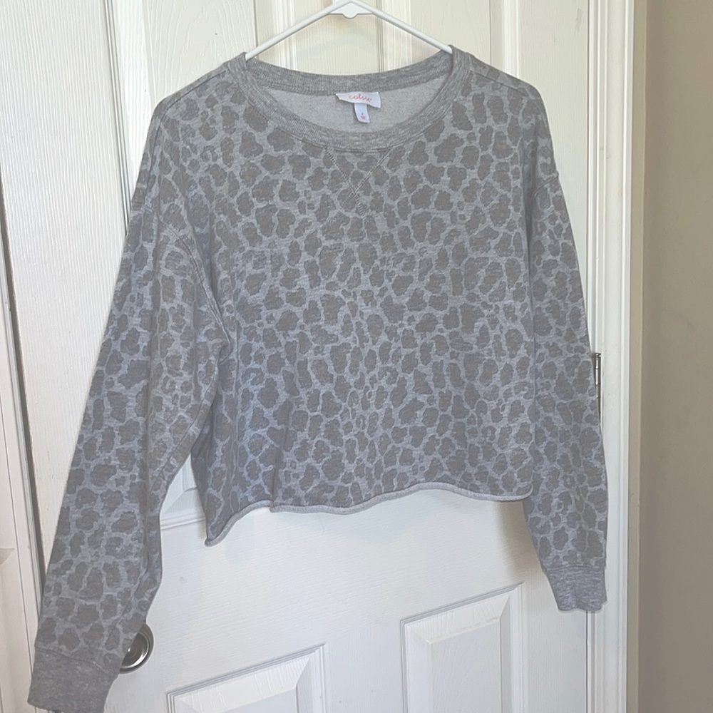 Grey Leopard Print Cropped Long Sleeve